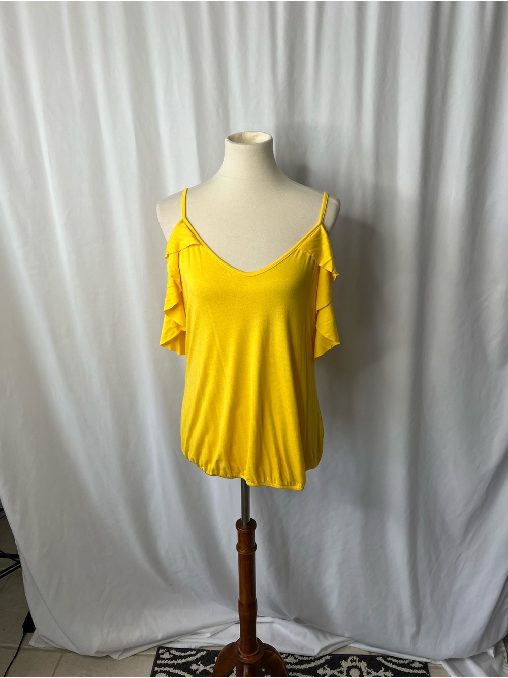 VENUS Bright Yellow Cold Shoulder Ruffle Top w/Strappy Open Back - Size Medium